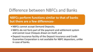 Difference between NBFCs and Banks
NBFCs perform functions similar to that of banks
but there are a few differences-
• NBFCs cannot accept Demand Deposits;
• NBFCs do not form part of the payment and settlement system
and cannot issue Cheques drawn on itself; and
• Deposit insurance facility of the Deposit Insurance and Credit
Guarantee Corporation is not available for NBFC depositors, unlike
in case of banks.
 