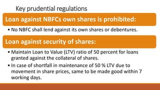 Key prudential regulations
Loan against NBFCs own shares is prohibited:
• No NBFC shall lend against its own shares or debentures.
Loan against security of shares:
• Maintain Loan to Value (LTV) ratio of 50 percent for loans
granted against the collateral of shares.
• In case of shortfall in maintenance of 50 % LTV due to
movement in share prices, same to be made good within 7
working days.
 