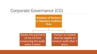 Corporate Governance (CG)
Rotation of Partners
in Statutory Auditors
Firm
Rotate the partner/s
of the CA firm
conducting the audit,
every 3 years.
Partner so rotated
shall be eligible to
conduct audit after 3
years.
 