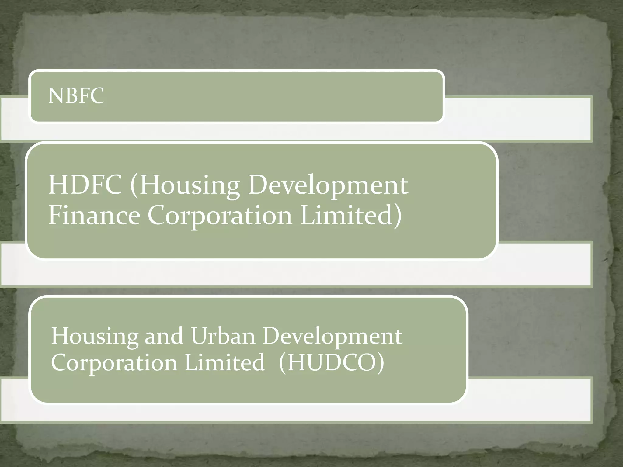 NBFC



HDFC (Housing Development
Finance Corporation Limited)



Housing and Urban Development
Corporation Limited (HUDCO)
 