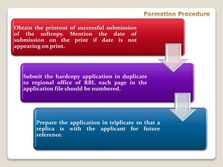 Obtain the printout of successful submission
of the softcopy. Mention the date of
submission on the print if date is not
appearing on print.
Submit the hardcopy application in duplicate
to regional office of RBI, each page in the
application file should be numbered.
Prepare the application in triplicate so that a
replica is with the applicant for future
reference.
 