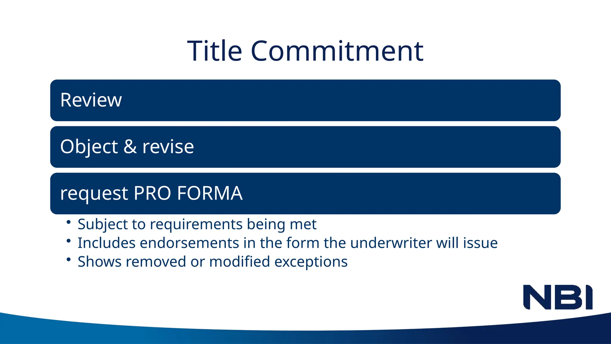 Title Commitment
Review
Object & revise
request PRO FORMA
• Subject to requirements being met
• Includes endorsements in the form the underwriter will issue
• Shows removed or modified exceptions
 