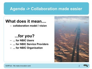 Agenda -> Collaboration made easier


What does it mean....
      –  collaboration model / vision



            ...for you?
      –  ... for NBIC Users
      –  ... for NBIC Service Providers
      –  ... for NBIC Organisation




SURFnet - We make innovation work         2
 