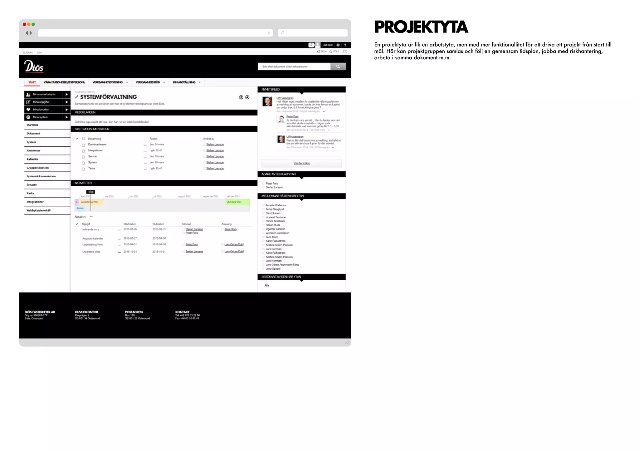 PROJEKTYTA
En projektyta är lik en arbetstyta, men med mer funktionallitet för att driva ett projekt från start till
mål. Här kan projektgruppen samlas och följ en gemensam tidsplan, jobba med riskhantering,
arbeta i samma dokument m.m.
 