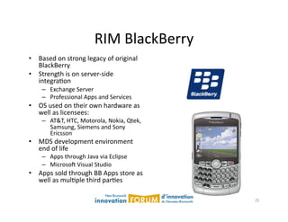 RIM	
  BlackBerry	
  
•  Based	
  on	
  strong	
  legacy	
  of	
  original	
  
   BlackBerry	
  
•  Strength	
  is	
  on	
  server-­‐side	
  
   integraAon	
  
      –  Exchange	
  Server	
  
      –  Professional	
  Apps	
  and	
  Services	
  
•  OS	
  used	
  on	
  their	
  own	
  hardware	
  as	
  
   well	
  as	
  licensees:	
  
      –  AT&T,	
  HTC,	
  Motorola,	
  Nokia,	
  Qtek,	
  
         Samsung,	
  Siemens	
  and	
  Sony	
  
         Ericsson	
  
•  MDS	
  development	
  environment	
  
   end	
  of	
  life	
  
      –  Apps	
  through	
  Java	
  via	
  Eclipse	
  
      –  Microsoj	
  Visual	
  Studio	
  
•  Apps	
  sold	
  through	
  BB	
  Apps	
  store	
  as	
  
   well	
  as	
  mulAple	
  third	
  parAes	
  

                                                              25	
  
 