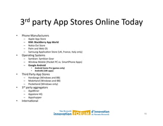 3rd	
  party	
  App	
  Stores	
  Online	
  Today	
  

•    Phone	
  Manufacturers	
  
       –    Apple	
  App	
  Store	
  
       –    RIM:  BlackBerry  App  World  
       –    Nokia	
  Ovi	
  Store	
  
       –    Palm	
  and	
  Web	
  OS	
  
       –    Samsung	
  ApplicaAon	
  Store	
  (UK,	
  France,	
  Italy	
  only)	
  
•    OperaAng	
  Systems	
  
       –    Symbian:	
  Symbian	
  Gear	
  
       –    Window	
  Mobile	
  (Pocket	
  PC	
  vs.	
  SmartPhone	
  Apps)	
  
       –    Google  Android  
                •    Android  Game  Pro  (games  only)  
                •    Androlib  (10K  apps)  
•    Third	
  Party	
  App	
  Stores	
  
       –    Handango	
  (Windows	
  and	
  BB)	
  
       –    MobiHand	
  (Windows	
  and	
  BB)	
  
       –    Pocketland	
  (Windows	
  only)	
  
•    3rd	
  party	
  aggregators	
  
       –    AppMiner	
  
       –    Appstore	
  HQ	
  
       –    Appshopper	
  
•    InternaAonal	
  



                                                                                      46	
  
 