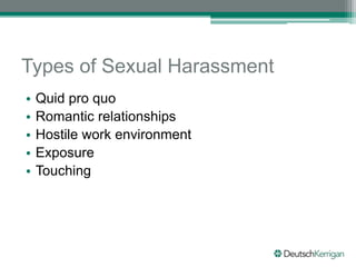 Types of Sexual Harassment
? Quid pro quo
? Romantic relationships
? Hostile work environment
? Exposure
? Touching
 