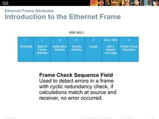 Ethernet Frame Attributes 
Introduction to the Ethernet Frame 
Frame Check Sequence Field 
Used to detect errors in a frame 
with cyclic redundancy check, if 
calculations match at source and 
receiver, no error occurred. 
Presentation_ID © 2008 Cisco Systems, Inc. All rights reserved. Cisco Confidential 23 
 