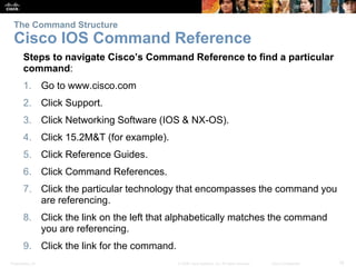 The Command Structure 
Cisco IOS Command Reference 
Steps to navigate Cisco’s Command Reference to find a particular 
command: 
1. Go to www.cisco.com 
2. Click Support. 
3. Click Networking Software (IOS & NX-OS). 
4. Click 15.2M&T (for example). 
5. Click Reference Guides. 
6. Click Command References. 
7. Click the particular technology that encompasses the command you 
are referencing. 
8. Click the link on the left that alphabetically matches the command 
you are referencing. 
9. Click the link for the command. 
Presentation_ID © 2008 Cisco Systems, Inc. All rights reserved. Cisco Confidential 18 
 