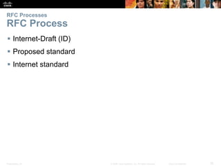 RFC Processes 
RFC Process 
 Internet-Draft (ID) 
 Proposed standard 
 Internet standard 
Presentation_ID © 2008 Cisco Systems, Inc. All rights reserved. Cisco Confidential 25 
 