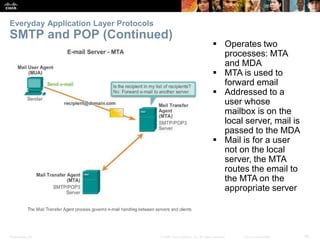 Everyday Application Layer Protocols 
SMTP and POP (Continued) 
 Operates two 
processes: MTA 
and MDA 
 MTA is used to 
forward email 
 Addressed to a 
user whose 
mailbox is on the 
local server, mail is 
passed to the MDA 
 Mail is for a user 
not on the local 
server, the MTA 
routes the email to 
the MTA on the 
appropriate server 
Presentation_ID © 2008 Cisco Systems, Inc. All rights reserved. Cisco Confidential 26 
 
