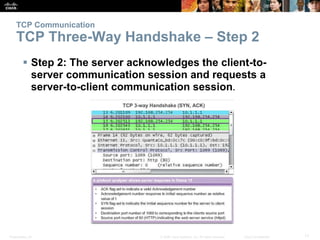 TCP Communication 
TCP Three-Way Handshake – Step 2 
 Step 2: The server acknowledges the client-to-server 
communication session and requests a 
server-to-client communication session. 
Presentation_ID © 2008 Cisco Systems, Inc. All rights reserved. Cisco Confidential 17 
 