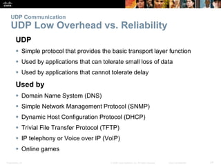 UDP Communication 
UDP Low Overhead vs. Reliability 
UDP 
 Simple protocol that provides the basic transport layer function 
 Used by applications that can tolerate small loss of data 
 Used by applications that cannot tolerate delay 
Used by 
 Domain Name System (DNS) 
 Simple Network Management Protocol (SNMP) 
 Dynamic Host Configuration Protocol (DHCP) 
 Trivial File Transfer Protocol (TFTP) 
 IP telephony or Voice over IP (VoIP) 
 Online games 
Presentation_ID © 2008 Cisco Systems, Inc. All rights reserved. Cisco Confidential 24 
 