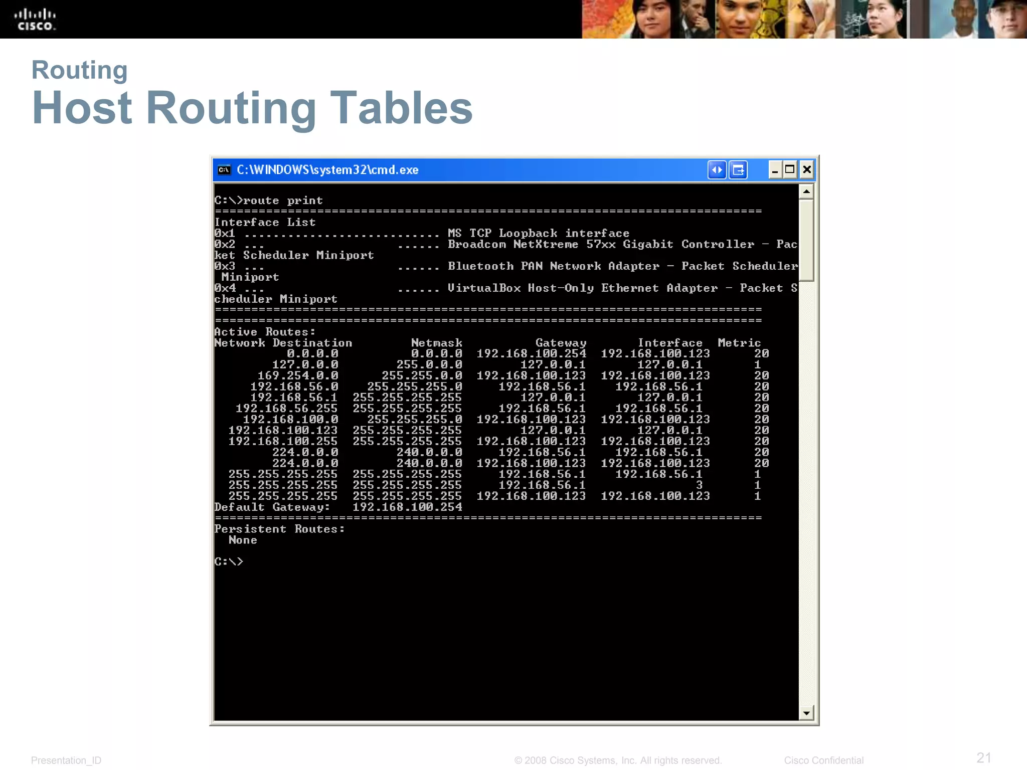Routing 
Host Routing Tables 
Presentation_ID © 2008 Cisco Systems, Inc. All rights reserved. Cisco Confidential 21 
 