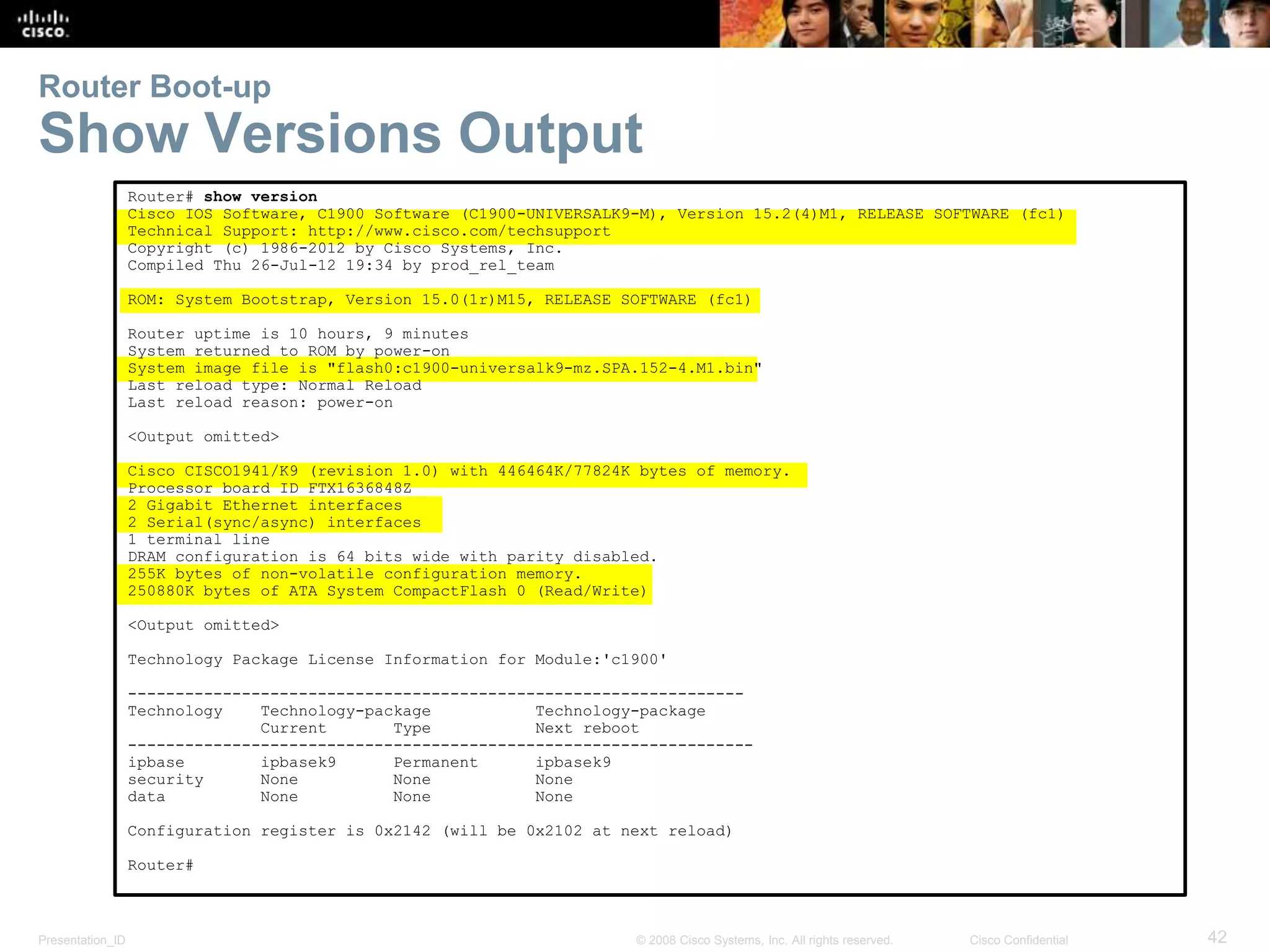 Router Boot-up 
Show Versions Output 
Router# show version 
Cisco IOS Software, C1900 Software (C1900-UNIVERSALK9-M), Version 15.2(4)M1, RELEASE SOFTWARE (fc1) 
Technical Support: http://www.cisco.com/techsupport 
Copyright (c) 1986-2012 by Cisco Systems, Inc. 
Compiled Thu 26-Jul-12 19:34 by prod_rel_team 
ROM: System Bootstrap, Version 15.0(1r)M15, RELEASE SOFTWARE (fc1) 
Router uptime is 10 hours, 9 minutes 
System returned to ROM by power-on 
System image file is "flash0:c1900-universalk9-mz.SPA.152-4.M1.bin" 
Last reload type: Normal Reload 
Last reload reason: power-on 
<Output omitted> 
Cisco CISCO1941/K9 (revision 1.0) with 446464K/77824K bytes of memory. 
Processor board ID FTX1636848Z 
2 Gigabit Ethernet interfaces 
2 Serial(sync/async) interfaces 
1 terminal line 
DRAM configuration is 64 bits wide with parity disabled. 
255K bytes of non-volatile configuration memory. 
250880K bytes of ATA System CompactFlash 0 (Read/Write) 
<Output omitted> 
Technology Package License Information for Module:'c1900' 
----------------------------------------------------------------- 
Technology Technology-package Technology-package 
Current Type Next reboot 
------------------------------------------------------------------ 
ipbase ipbasek9 Permanent ipbasek9 
security None None None 
data None None None 
Configuration register is 0x2142 (will be 0x2102 at next reload) 
Router# 
Presentation_ID © 2008 Cisco Systems, Inc. All rights reserved. Cisco Confidential 42 
 