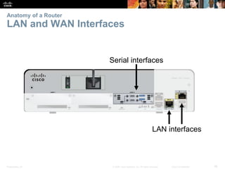 Anatomy of a Router 
LAN and WAN Interfaces 
Serial interfaces 
LAN interfaces 
Presentation_ID © 2008 Cisco Systems, Inc. All rights reserved. Cisco Confidential 38 
 
