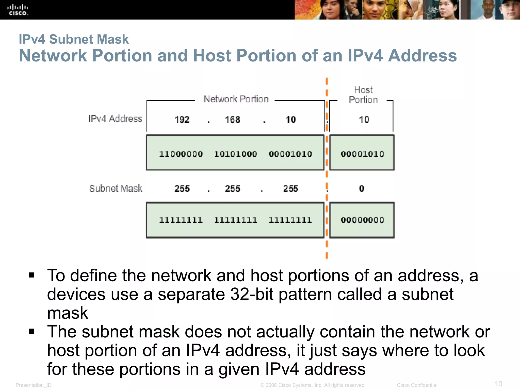 IPv4 Subnet Mask 
Network Portion and Host Portion of an IPv4 Address 
 To define the network and host portions of an address, a 
devices use a separate 32-bit pattern called a subnet 
mask 
 The subnet mask does not actually contain the network or 
host portion of an IPv4 address, it just says where to look 
for these portions in a given IPv4 address 
Presentation_ID © 2008 Cisco Systems, Inc. All rights reserved. Cisco Confidential 10 
 