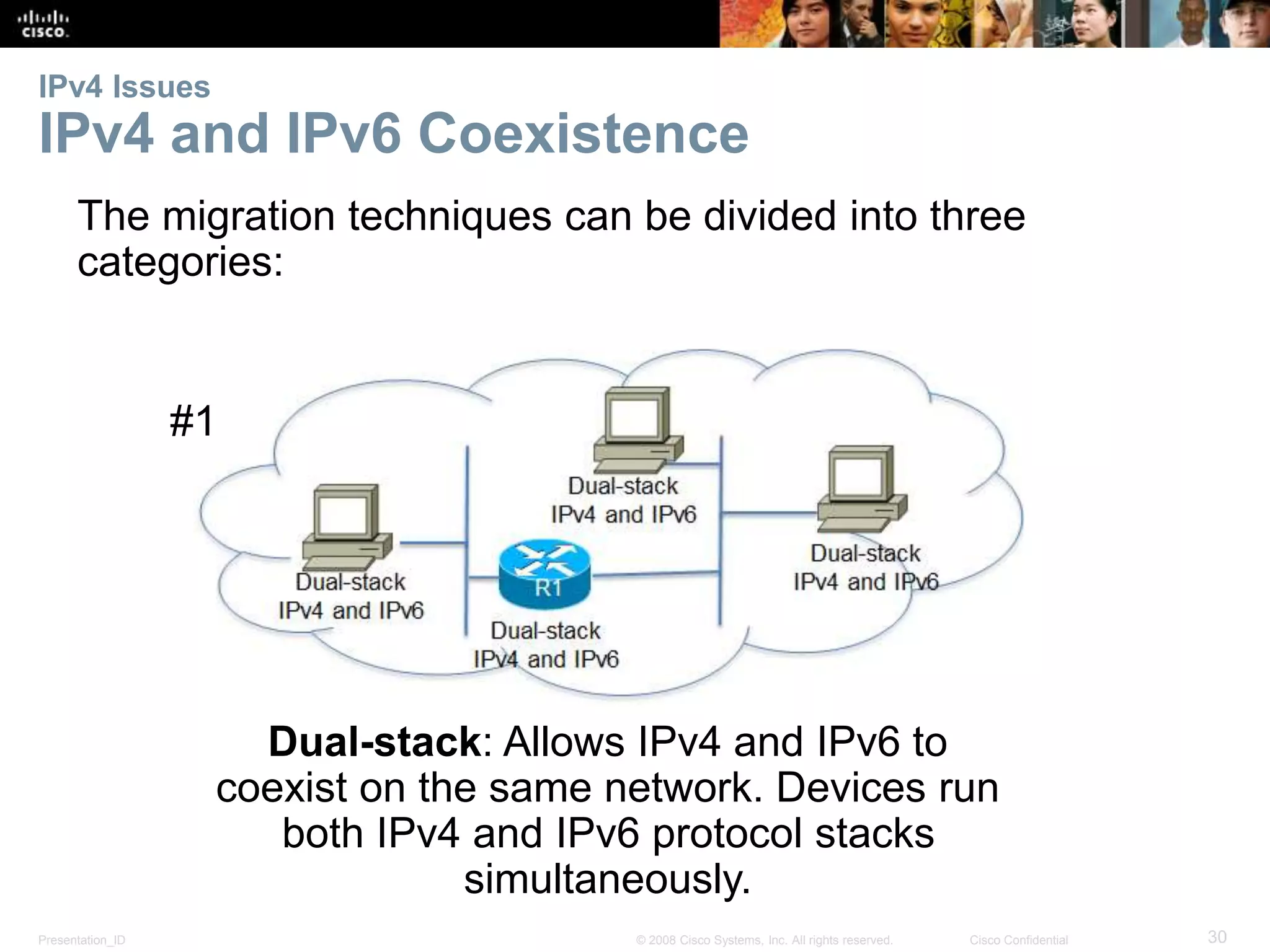 IPv4 Issues 
IPv4 and IPv6 Coexistence 
The migration techniques can be divided into three 
categories: 
#1 
Dual-stack: Allows IPv4 and IPv6 to 
coexist on the same network. Devices run 
both IPv4 and IPv6 protocol stacks 
simultaneously. 
Presentation_ID © 2008 Cisco Systems, Inc. All rights reserved. Cisco Confidential 30 
 