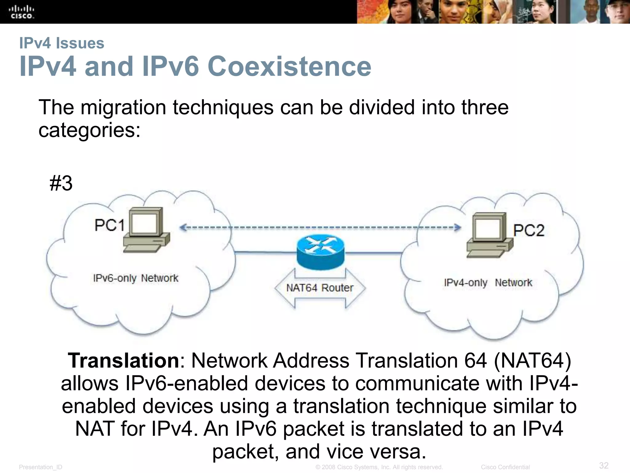 IPv4 Issues 
IPv4 and IPv6 Coexistence 
The migration techniques can be divided into three 
categories: 
#3 
Translation: Network Address Translation 64 (NAT64) 
allows IPv6-enabled devices to communicate with IPv4- 
enabled devices using a translation technique similar to 
NAT for IPv4. An IPv6 packet is translated to an IPv4 
packet, and vice versa. 
Presentation_ID © 2008 Cisco Systems, Inc. All rights reserved. Cisco Confidential 32 
 