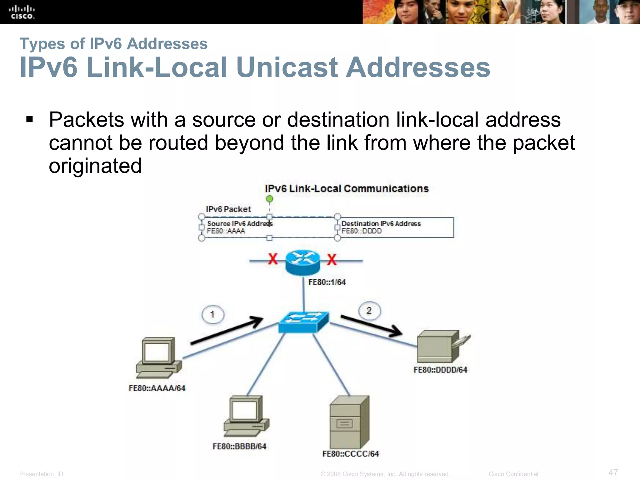 Types of IPv6 Addresses 
IPv6 Link-Local Unicast Addresses 
 Packets with a source or destination link-local address 
cannot be routed beyond the link from where the packet 
originated 
Presentation_ID © 2008 Cisco Systems, Inc. All rights reserved. Cisco Confidential 47 
 