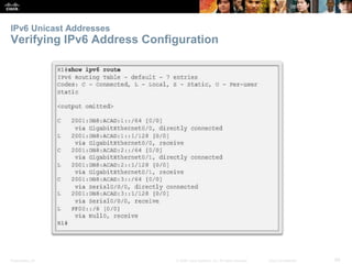 IPv6 Unicast Addresses 
Verifying IPv6 Address Configuration 
Presentation_ID © 2008 Cisco Systems, Inc. All rights reserved. Cisco Confidential 68 
 