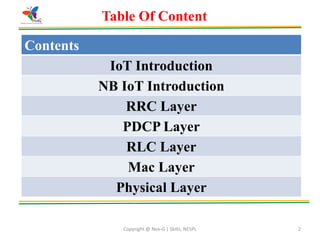 Copyright @ Nex-G | Skills, NESPL 2
Table Of Content
Contents
IoT Introduction
NB IoT Introduction
RRC Layer
PDCP Layer
RLC Layer
Mac Layer
Physical Layer
 