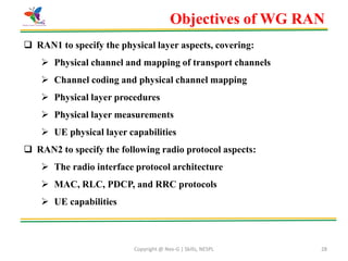 Copyright @ Nex-G | Skills, NESPL 28
 RAN1 to specify the physical layer aspects, covering:
 Physical channel and mapping of transport channels
 Channel coding and physical channel mapping
 Physical layer procedures
 Physical layer measurements
 UE physical layer capabilities
 RAN2 to specify the following radio protocol aspects:
 The radio interface protocol architecture
 MAC, RLC, PDCP, and RRC protocols
 UE capabilities
Objectives of WG RAN
 