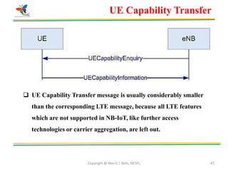 Copyright @ Nex-G | Skills, NESPL 47
 UE Capability Transfer message is usually considerably smaller
than the corresponding LTE message, because all LTE features
which are not supported in NB-IoT, like further access
technologies or carrier aggregation, are left out.
UE Capability Transfer
 