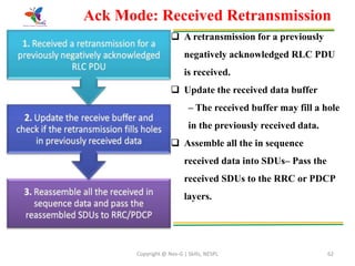 Copyright @ Nex-G | Skills, NESPL 62
Ack Mode: Received Retransmission
 A retransmission for a previously
negatively acknowledged RLC PDU
is received.
 Update the received data buffer
– The received buffer may fill a hole
in the previously received data.
 Assemble all the in sequence
received data into SDUs– Pass the
received SDUs to the RRC or PDCP
layers.
 