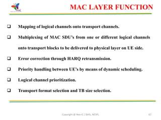 Copyright @ Nex-G | Skills, NESPL 67
 Mapping of logical channels onto transport channels.
 Multiplexing of MAC SDU’s from one or different logical channels
onto transport blocks to be delivered to physical layer on UE side.
 Error correction through HARQ retransmission.
 Priority handling between UE’s by means of dynamic scheduling.
 Logical channel prioritization.
 Transport format selection and TB size selection.
MAC LAYER FUNCTION
 