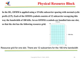 Copyright @ Nex-G | Skills, NESPL 80
Physical Resource Block
In the DL, OFDM is applied using a 15 kHz subcarrier spacing with normal cyclic
prefix (CP). Each of the OFDM symbols consists of 12 subcarrier occupying this
way the bandwidth of 180 kHz. Seven OFDMA symbols are bundled into one slot,
so that the slot has the following resource grid.
Resource grid for one slot. There are 12 subcarriers for the 180 kHz bandwidth
 