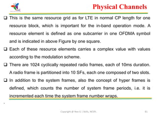 Copyright @ Nex-G | Skills, NESPL 81
Physical Channels
 This is the same resource grid as for LTE in normal CP length for one
resource block, which is important for the in-band operation mode. A
resource element is defined as one subcarrier in one OFDMA symbol
and is indicated in above Figure by one square.
 Each of these resource elements carries a complex value with values
according to the modulation scheme.
 There are 1024 cyclically repeated radio frames, each of 10ms duration.
A radio frame is partitioned into 10 SFs, each one composed of two slots.
 In addition to the system frames, also the concept of hyper frames is
defined, which counts the number of system frame periods, i.e. it is
incremented each time the system frame number wraps.
.
 