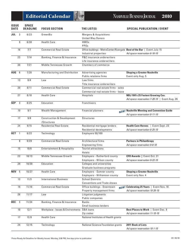 Nashville Business Journal 2010 Editorial Calendar