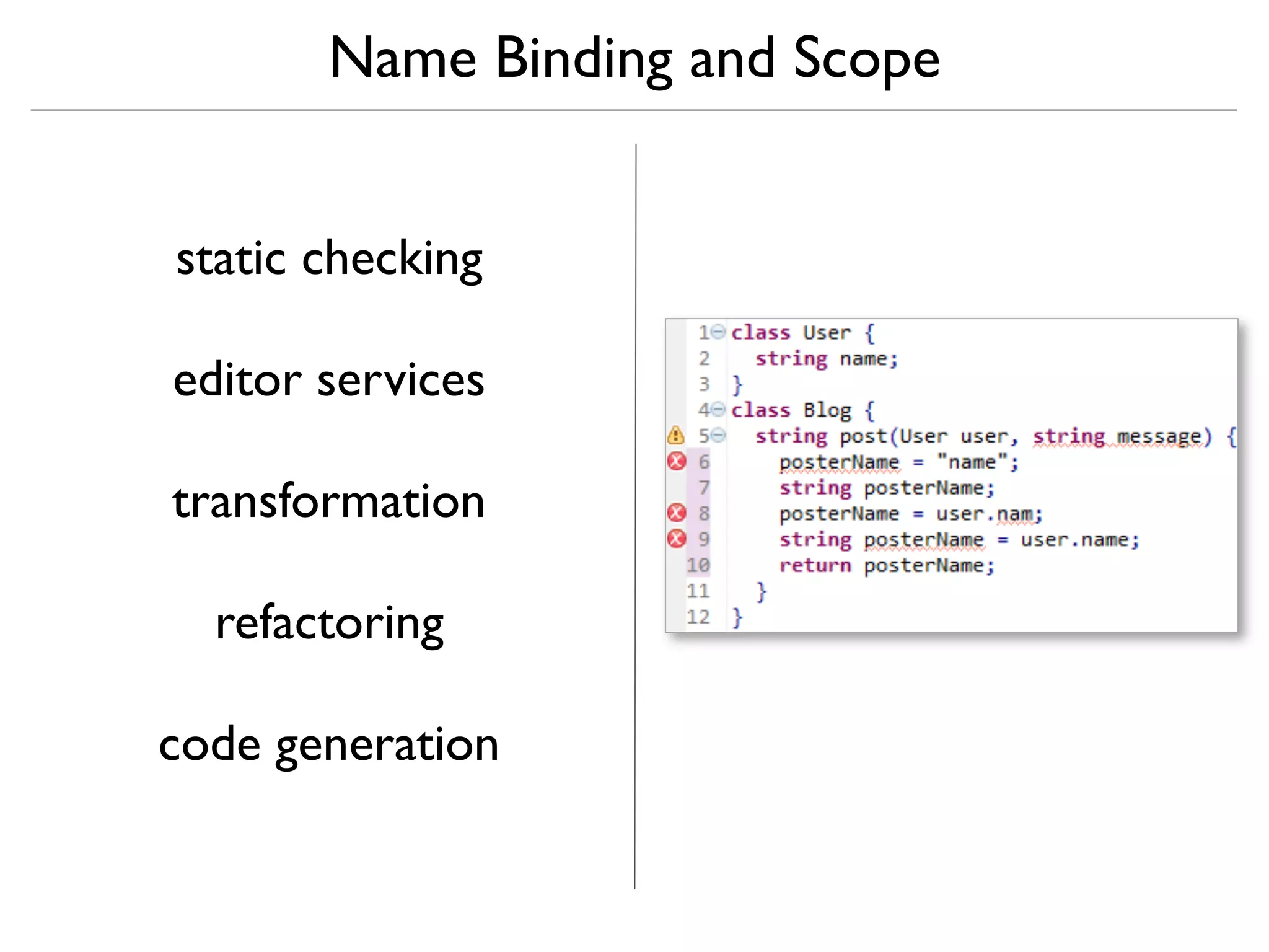 Name Binding and Scope


static checking

editor services

transformation

  refactoring

code generation
 