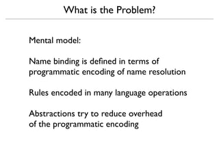 What is the Problem?

Mental model:

Name binding is deﬁned in terms of
programmatic encoding of name resolution

Rules encoded in many language operations

Abstractions try to reduce overhead
of the programmatic encoding
 
