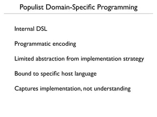 Populist Domain-Speciﬁc Programming

Internal DSL

Programmatic encoding

Limited abstraction from implementation strategy

Bound to speciﬁc host language

Captures implementation, not understanding
 