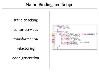 Name Binding and Scope


static checking

editor services

transformation

  refactoring

code generation
 