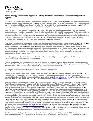 October 3, 2013
Noble Energy Announces Appraisal Drilling And Flow Test Results Offshore Republic Of
Cyprus
HOUSTON, Oct. 3, 2013 /PRNewswire/ -- Noble Energy, Inc. (NYSE: NBL) announced today that the A-2 appraisal well drilled on
the Block 12 discovery offshore the Republic of Cyprus has successfully encountered approximately 120 feet of net natural gas
pay within the targeted Miocene-aged sand intervals. The Cyprus A-2 well, which is more than four miles northeast of the A-1
discovery location, was drilled to a total depth of 18,865 feet in 5,575 feet of water.
Production testing procedures were performed over a 39-foot section of the upper Miocene reservoir. The test, limited by
surface equipment, yielded a maximum flow rate of 56 million cubic feet per day (Mmcf/d) of natural gas. Performance modeling
indicates development wells in the reservoir should have capacity to deliver up to 250 Mmcf/d. Evaluation of drilling data,
wireline logs and reservoir performance information has resulted in an updated estimate of gross resources of the field ranging
(1) from 3.6 trillion cubic feet (Tcf) of natural gas to 6 Tcf, with a mean of approximately 5 Tcf. The Cyprus A structure
represents the third largest field discovered to date within the Deepwater Levant Basin.
Keith Elliott, Noble Energy's Senior Vice President, Eastern Mediterranean, commented, "Results from the Cyprus A-2 well have
confirmed substantial recoverable natural gas resources and high reservoir deliverability. While the A-2 location has
successfully defined the northern area of the discovery, we anticipate additional appraisal activities are necessary to further
refine the ultimate recoverable resources and optimize field development planning. In the meantime, we continue to identify and
advance multiple development options. In addition to the Cyprus A discovery, we are also encouraged about the further
exploration potential in Block 12. We have recently completed a 1,100 square mile 3D seismic acquisition, which will be
interpreted over the next several months."
Noble Energy operates Block 12 offshore the Republic of Cyprus with a 70 percent working interest. Delek Drilling and Avner
Oil Exploration each have 15 percent working interest.
Noble Energy plans to move the Ensco 5006 drilling rig to Tamar SW, offshore Israel, at the completion of operations offshore
Cyprus. The Tamar SW well, testing an exploration prospect offsetting the main Tamar field, is expected to reach total depth by
the end of 2013. Noble Energy operates Tamar SW with a 36 percent working interest.
(1) Range of resource estimate based on 75th
and 25th
percentile probabilities
Noble Energy is a leading independent energy company engaged in worldwide oil and gas exploration and production. The
Company has core operations onshore in the U.S., primarily in the DJ Basin and Marcellus Shale, in the deepwater Gulf of
Mexico, offshore Eastern Mediterranean, and offshore West Africa. Noble Energy is listed on the New York Stock Exchange and
is traded under the ticker symbol NBL. Further information is available at www.nobleenergyinc.com.
This news release contains certain "forward-looking statements" within the meaning of the "safe harbor" provisions of the
Private Securities Litigation Reform Act of 1995. Words such as "anticipates," "believes," "expects," "intends," "will," "should,"
"may," and similar expressions may be used to identify forward-looking statements. Forward-looking statements are not
statements of historical fact and reflect Noble Energy' s current views about future events. They include estimates of oil and
natural gas reserves and resources, estimates of future production, assumptions regarding future oil and natural gas pricing,
planned drilling activity, future results of operations, projected cash flow and liquidity, business strategy and other plans and
objectives for future operations. No assurances can be given that the forward-looking statements contained in this news release
will occur as projected, and actual results may differ materially from those projected. Forward-looking statements are based on
current expectations, estimates and assumptions that involve a number of risks and uncertainties that could cause actual results
to differ materially from those projected. These risks include, without limitation, the volatility in commodity prices for crude oil and
natural gas, the presence or recoverability of estimated reserves, environmental risks, drilling and operating risks, exploration
and development risks, competition, government regulation or other actions, the ability of management to execute its plans to
meet its goals and other risks inherent in Noble Energy's business that are discussed in its most recent annual report on Form
10-K and in other reports on file with the Securities and Exchange Commission. These reports are also available from Noble
Energy's offices or website, http://www.nobleenergyinc.com. Forward-looking statements are based on the estimates and
opinions of management at the time the statements are made. Noble Energy does not assume any obligation to update forward-
looking statements should circumstances or management's estimates or opinions change.
The Securities and Exchange Commission requires oil and gas companies, in their filings with the SEC, to disclose proved
reserves that a company has demonstrated by actual production or conclusive formation tests to be economically and legally
 