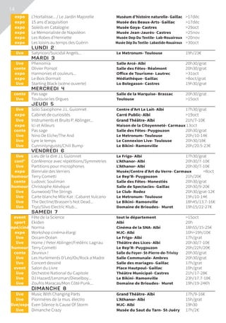 14
	 expo	 L’Hortalisse... / Le Jardin Majorelle	 Muséum d’histoire naturelle- Gaillac	 17déc
	expo	 15 ans d’acquisition	 Musée des Beaux-Arts- Gaillac	 17déc
	expo	 Soleils en Catalogne	 Musée Goya- Castres	 29oct
	expo	 Le Mémorialiste de Napoléon	 Musée Jean-Jaurès- Castres	 25nov
	expo	 Les Robes d’Henriette	 Musée Dep Du Textile- Lab-Rouairoux	 20nov
	expo	 Les loisirs au temps des Guérin	 Musée Dép Du Textile- Labastide-Rouairoux	 30oct
	 LUNDI 2			
	live	 Satyricon/Suicidal Angels...	 Le Metronum- Toulouse	 19h/23€
	 MARDI 3			
	live	 Phenomia	 Salle Arcé- Albi	 20h30/grat
	conte	 Olivier Ponsot	 Salle des Fêtes- Réalmont	 20h30/grat
	expo	 Harmonies et couleurs...	 Office de Tourisme- Lautrec	 31oct
	expo	 Le Bois Dormait	 Médiathèque- Gaillac	 8oct/grat
	live	 Starting Black (scène ouverte)	 Lo Bolegason- Castres	 19h30/grat
	 MERCREDI 4			
	conte	 Pas sage	 Salle de la Marquise- Brassac	 20h30/grat
	live	 Toulouse les Orgues	 Toulouse	 15oct
	 JEUDI 5			
	live	 Solo Saxophone J.L. Guionnet	 Centre d’Art Le Lait- Albi	 17h30/grat
	expo	 Cabinet de curiosités	 Carré Public- Albi	 19oct
	live	 Instruments et Bruits P. Ablinger...	 Grand Théâtre- Albi	 21h/7-10€
	expo	 Ici et Ailleurs	 Maison de la Citoyenneté- Carmaux 13oct
	conte	 Pas sage	 Salle des Fêtes- Puygouzon	 20h30/grat
	live	 Nino De Elche/The And	 Le Metronum- Toulouse	 20h/10-14€
	live	 Lyre le temps	 Le Connexion Live- Toulouse	 20h30/18€
	live	 Cunninlynguists/Chill Bump	 Le Bikini- Ramonville	 20h/20.5-23€
	 VENDREDI 6 			
	live	 Lieu de la dire J.L Guionnet	 Le Frigo- Albi	 17h30/grat
	conf’	 Conférence avec répétitions/Symmetries	 L’Athanor- Albi	 20h30/7-10€
	live	 Partitions pour microphones	 L’Athanor- Albi	 20h30/7-10€
	expo	 Biennale des Verriers	 Musée/Centre d’Art du Verre- Carmaux	 8oct
	humour	 Terry Cometti	 Le Rep’R- Puygouzon	 21h/20€
	conte	 Ludovic Souliman	 Salle des Fêtes- Monestiés	 20h30/grat
	humour	 Christophe Alévêque	 Salle de Spectacles- Gaillac	 20h30/9-20€
	live	 Gunwood/The Strings	 Le Club- Rodez	 20h30/grat-12€
	live	 Carte blanche Mlle Kat : Cabaret Vulcano	 Le Metronum- Toulouse	 19h/10-14€
	live	 The Decline/Brassen’s Not Dead...	 Le Bikini- Ramonville	 18h45/13.7-16€
	live	 Tryo/Slivo Electric Klub...	 Domaine de Brioudes- Muret	 19h15/22-27€
	 SAMEDI 7			
	event	 Fête de la Science	 tout le département	 15oct
	sport	 Ekiden	 Albi	 20h
	opé/ciné	 Norma	 Cinéma de la SNA- Albi	 18h55/15-25€
	expo	 Workshop cinéma élargi	 MJC- Albi	 10h19h/10€
	live	 Occam Océan	 Le Frigo- Albi	 17h/grat
	live	 Home / Peter Ablinger/Frédéric Lagnau	 Théâtre des Lices- Albi	 20h30/7-10€
	humour	 Terry Cometti	 Le Rep’R- Puygouzon	 20h/22h/20€
	conte	 Zeureux !	 Salle du Foyer- St-Pierre-de-Trivisy	 20h30/grat
	live	 Les Hurlements D’Léo/Ox/Rock a Madre	 Salle Communale- Ambres	 20h30/grat
	live	 Concert dessiné	 Salle des mariages- Gaillac	 17h/grat
	event	 Salon du Livre	 Place Hautpoul- Gaillac	 10h/grat
	live	 Orchestre National du Capitole	 Théâtre Municipal- Castres	 21h/17-28€
	live	 DJ Hazard/Lenzman/Dieselboy...	 Le Bikini- Ramonville	 23h/17.7-18€
	live	 Zoufris Maracas/Mon Côté Punk...	 Domaine de Brioudes- Muret	 19h/19-24€h
	 DIMANCHE 8			
	live	 Music With Changing Parts 	 Grand Théâtre- Albi	 17h/9-16€
	live	 Pionnières de la mus. électro	 L’Athanor- Albi	 15h/grat
	live/expo	 Even Silence Is Cause Of Storm	 MJC- Albi	 19h30
	live	 Dimanche Crazy	 Musée du Saut du Tarn- St-Juéry	 17h/2€
 