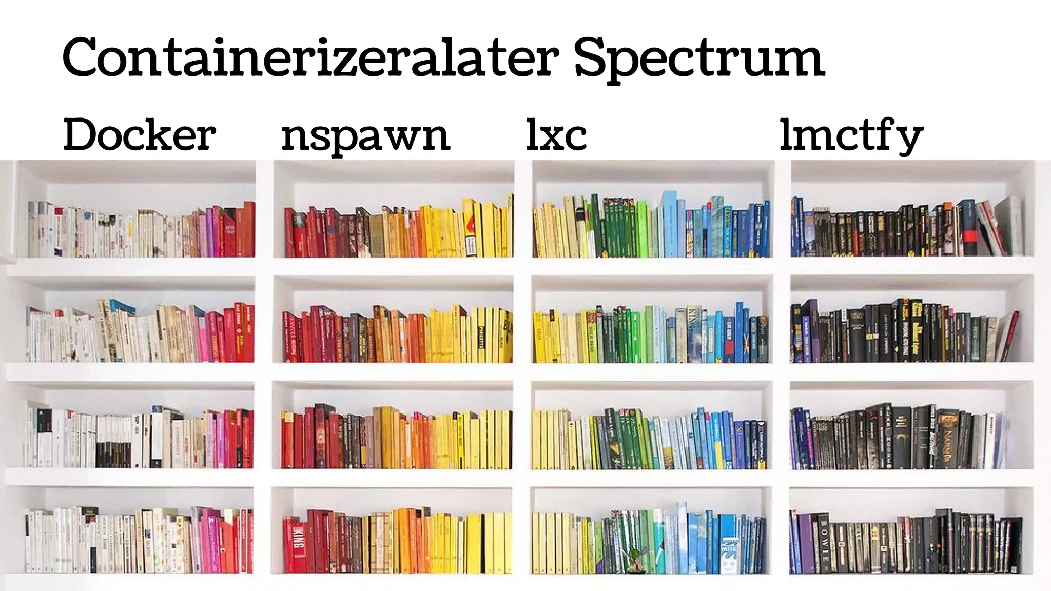 Containerizeralater Spectrum
Docker nspawn lxc lmctfy
 