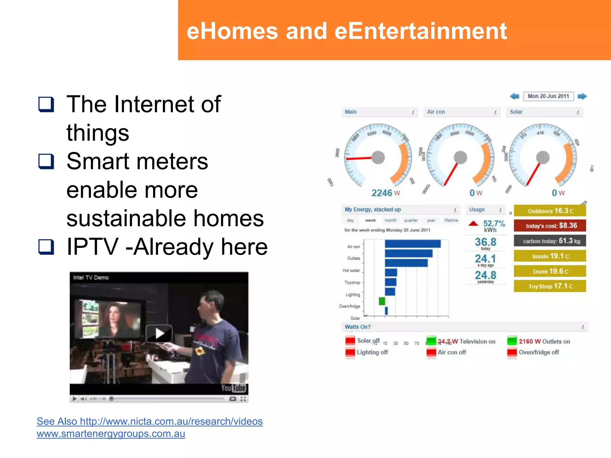 eHomes and eEntertainmentThe Internet of thingsSmart meters enable more sustainable homesIPTV -Already hereSee Also http://www.nicta.com.au/research/videoswww.smartenergygroups.com.au