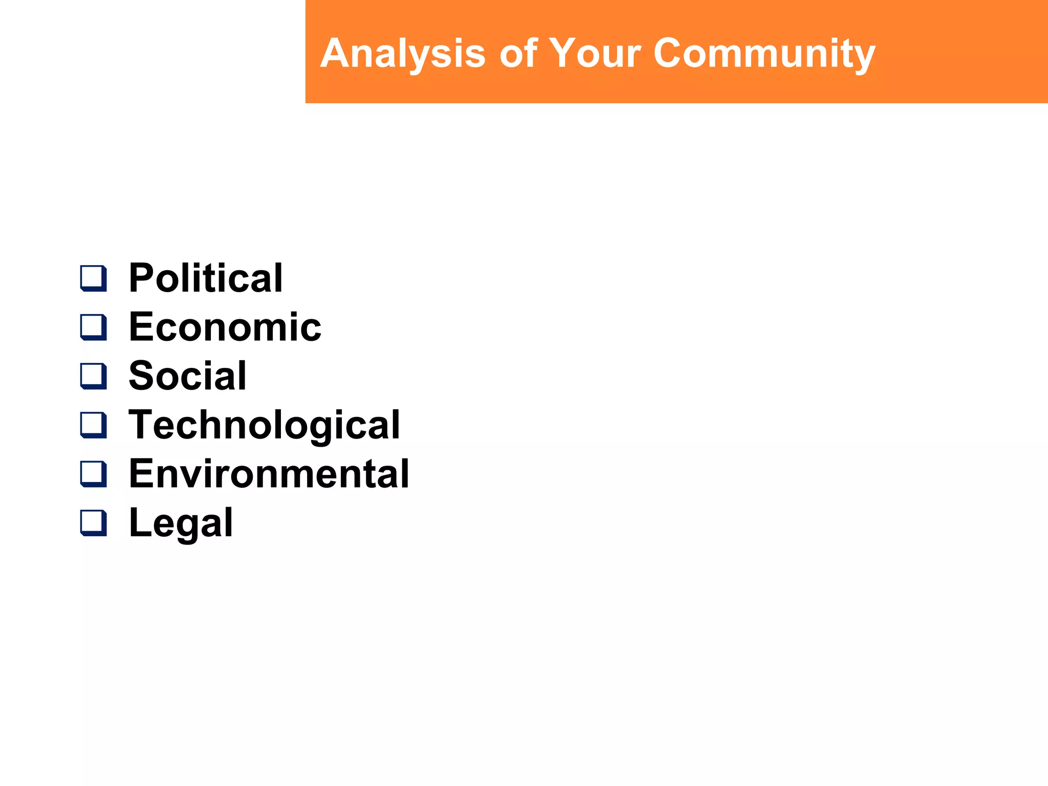 Analysis of Your CommunityPoliticalEconomicSocialTechnologicalEnvironmentalLegal