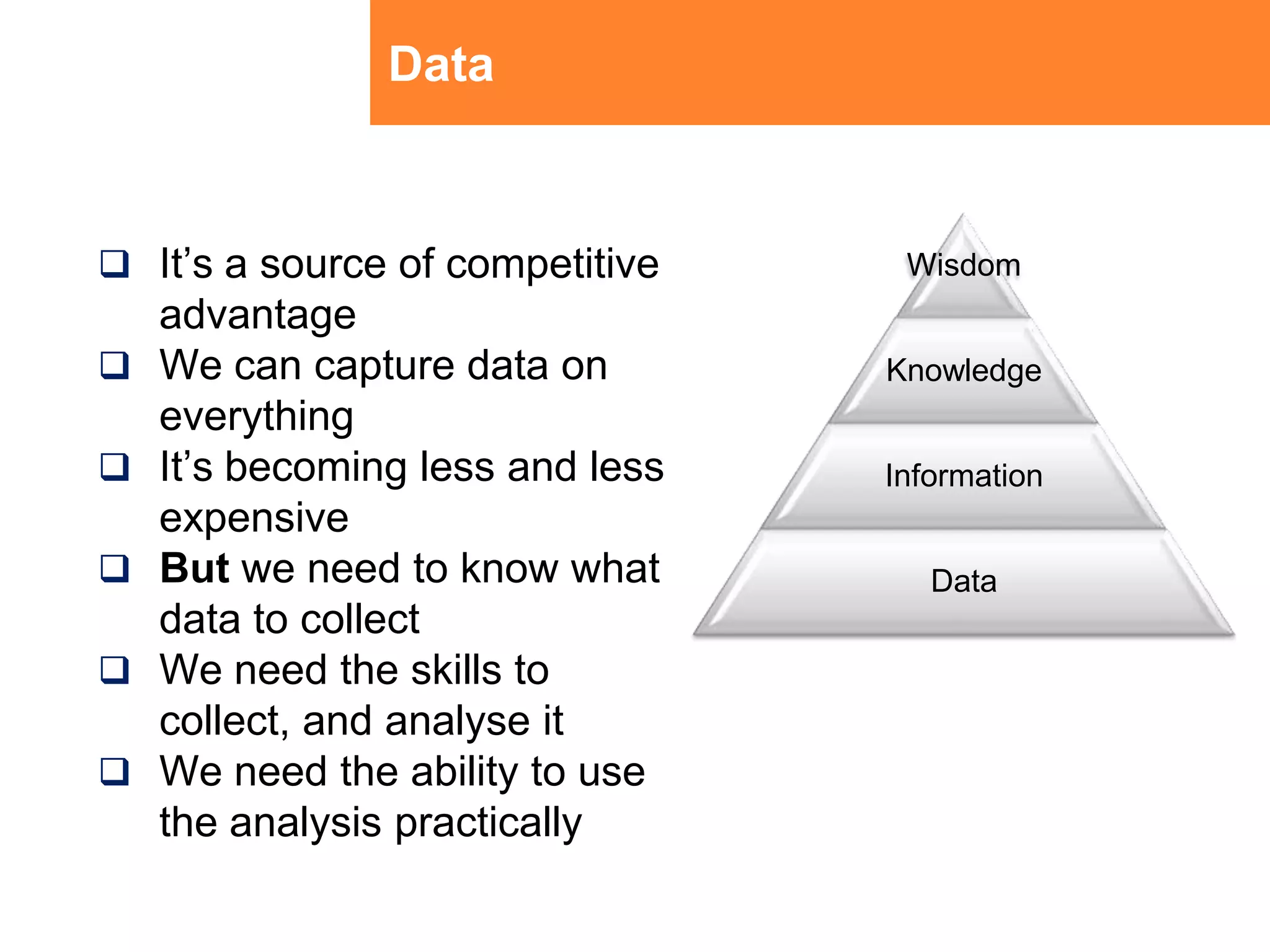 Data It’s a source of competitive advantageWe can capture data on everythingIt’s becoming less and less expensiveBut we need to know what data to collectWe need the skills to collect, and analyse itWe need the ability to use the analysis practically