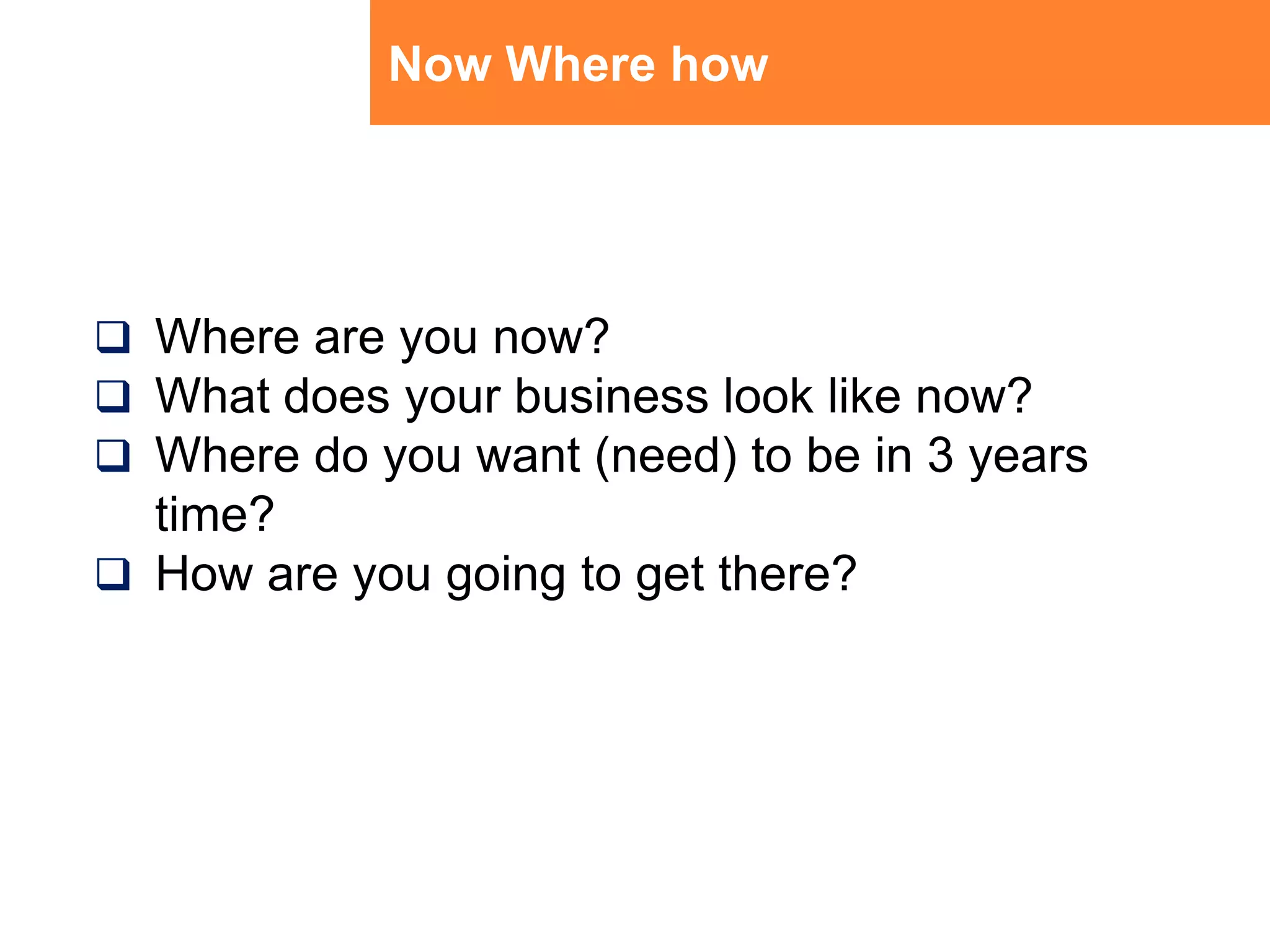 Now Where howWhere are you now?What does your business look like now?Where do you want (need) to be in 3 years time?How are you going to get there?