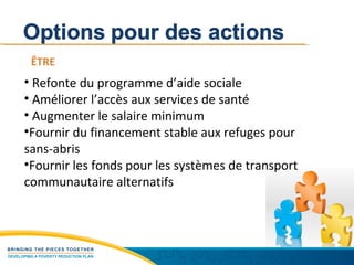 ÊTRE Refonte du programme d’aide sociale  Améliorer l’accès aux services de santé Augmenter le salaire minimum Fournir du financement stable aux refuges pour sans-abris Fournir les fonds pour les systèmes de transport communautaire alternatifs 