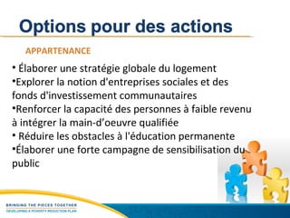 APPARTENANCE Élaborer une stratégie globale du logement  Explorer la notion d'entreprises sociales et des  fonds d'investissement communautaires  Renforcer la capacité des personnes à faible revenu à intégrer la main-d’oeuvre qualifiée  Réduire les obstacles à l'éducation permanente  Élaborer une forte campagne de sensibilisation du public 