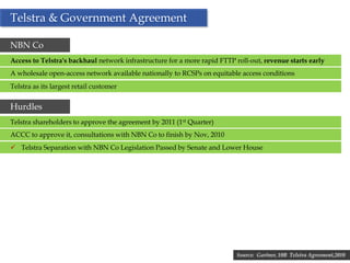 Telstra & Government Agreement

NBN Co
Access to Telstra's backhaul network infrastructure for a more rapid FTTP roll-out, revenue starts early
A wholesale open-access network available nationally to RCSPs on equitable access conditions
Telstra as its largest retail customer


Hurdles
Telstra shareholders to approve the agreement by 2011 (1st Quarter)
ACCC to approve it, consultations with NBN Co to finish by Nov, 2010
 Telstra Separation with NBN Co Legislation Passed by Senate and Lower House




                                                     13                   Source: Gartner, 10B Telstra Agreement,2010
 