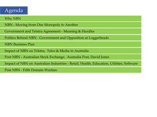 Agenda
Why NBN
NBN - Moving from One Monopoly to Another
Government and Telstra Agreement - Meaning & Hurdles
Politics Behind NBN - Government and Opposition at Loggerheads
NBN Business Plan
Impact of NBN on Telstra, Telco & Media in Australia
Post NBN - Australian Stock Exchange, Australia Post, David Jones
Impact of NBN on Australian Industries - Retail, Health, Education, Utilities, Software
Post NBN - Fifth Domain Warfare




                                               2
 