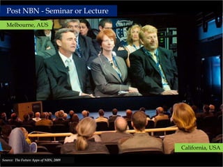 Post NBN - Seminar or Lecture
  Melbourne, AUS




                                            California, USA

Source: The Future Apps of NBN, 2009
                                       27
 