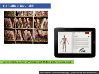 E-Health is Inevitable




Public hospital doctors in Victoria to get iPads in 2011, Victorian Govt.



                                                   30
                                       Source: Deloitte, National Health Strategy, The Way Forward, 2010, The Australian
 